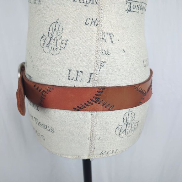 Vintage Lucky Brand Belt Large 36" Tan Leather Patch Stitch - Picture 3 of 11
